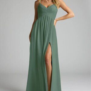 Azazie Alia Eucalyptus A-Line Pleated Chiffon Dress